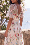 Ivory A-Line Tulle Corset V-Neck Embroidered Floral Midi Wedding Guest Dress