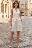 Ivory 2 Piece Halter Neck Sleeveless Women Suits with Belt