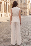 2 Piece Ivory V-Neck Single Breasted Sleeveless Slim Fit Women Suits with Belt