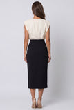 Ivory and Black Round Neck Midi Work Dress with Slit