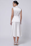 Ivory Peaked Lapel 2 Piece Satin A Line Midi Work Dress