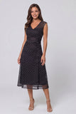 Black White Dot Mesh V-Neck A Line Midi Work Dress