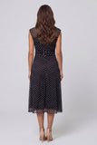 Black White Dot Mesh V-Neck A Line Midi Work Dress