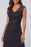 Black White Dot Mesh V-Neck A Line Midi Work Dress