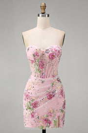 Pink Sweetheart Sheer Corset Bodycon Sequins Floral Short Formal Dress
