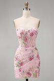 Pink Sweetheart Sheer Corset Bodycon Sequins Floral Short Formal Dress