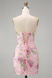 Pink Sweetheart Sheer Corset Bodycon Sequins Floral Short Formal Dress