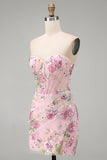 Pink Sweetheart Sheer Corset Bodycon Sequins Floral Short Formal Dress