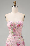 Pink Sweetheart Sheer Corset Bodycon Sequins Floral Short Formal Dress