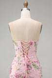 Pink Sweetheart Sheer Corset Bodycon Sequins Floral Short Formal Dress