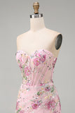 Pink Sweetheart Sheer Corset Bodycon Sequins Floral Short Formal Dress