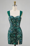 Sparkly Dark Green Bodycon Sequins Short Formal Dress with Slit