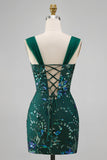 Sparkly Dark Green Bodycon Sequins Short Formal Dress with Slit