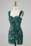 Sparkly Dark Green Bodycon Sequins Short Formal Dress with Slit