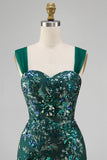 Sparkly Dark Green Bodycon Sequins Short Formal Dress with Slit