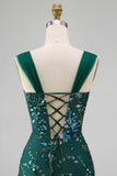 Sparkly Dark Green Bodycon Sequins Short Formal Dress with Slit