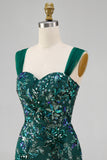 Sparkly Dark Green Bodycon Sequins Short Formal Dress with Slit