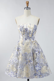 Dusty Blue Floral A Line Strapless Short Corset Formal Dress