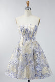 Dusty Blue Floral A Line Strapless Short Corset Formal Dress