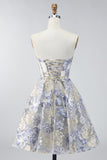 Dusty Blue Floral A Line Strapless Short Corset Formal Dress