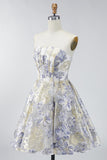 Dusty Blue Floral A Line Strapless Short Corset Formal Dress