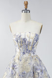 Dusty Blue Floral A Line Strapless Short Corset Formal Dress