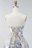 Dusty Blue Floral A Line Strapless Short Corset Formal Dress