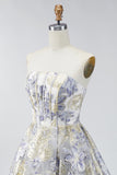 Dusty Blue Floral A Line Strapless Short Corset Formal Dress