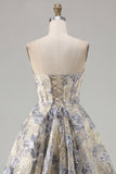 Dusty Blue A Line Corset Strapless Floral Short Homecoming Dress