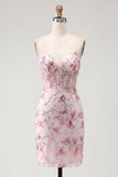 Yellow Bodycon Sheer Corset Floral Sequins Short Homecoming Dress with Lace Up Back