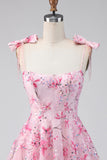 Floral Pink Sequin A Line Short Formal Dress