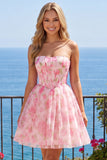 Strapless Corset A Line Pink Floral Homecoming Dress