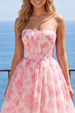 Strapless Corset A Line Pink Floral Homecoming Dress