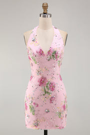 Pink Halter Neck Bodycon Sequins Floral Short Formal Dress