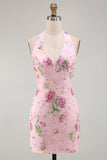 Pink Halter Neck Bodycon Sequins Floral Short Formal Dress