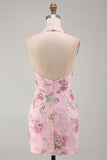 Pink Halter Neck Bodycon Sequins Floral Short Formal Dress