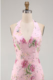 Pink Halter Neck Bodycon Sequins Floral Short Formal Dress