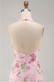 Pink Halter Neck Bodycon Sequins Floral Short Formal Dress