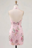 Pink Halter Neck Bodycon Sequins Floral Homecoming Dress