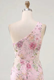 Pink One Shoulder Bodycon Sequins Floral Homecoming Dress