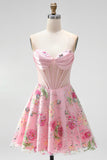 A-Line Pink Sweetheart Sheer Corset Sequins Floral Short Formal Dress