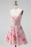 A-Line Pink Sweetheart Sheer Corset Sequins Floral Short Formal Dress