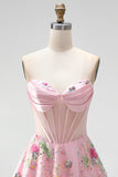 A-Line Pink Sweetheart Sheer Corset Sequins Floral Short Formal Dress