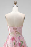 A-Line Pink Sweetheart Sheer Corset Sequins Floral Short Formal Dress