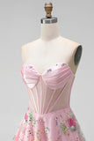 A-Line Pink Sweetheart Sheer Corset Sequins Floral Short Formal Dress