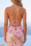 Sparkly Pink Spaghetti Straps Floral Sequins Homecoming Dress