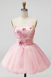 Pink A-Line Strapless Floral Sequins Short Formal Dress
