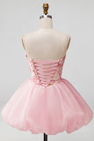 Pink A-Line Strapless Floral Sequins Short Formal Dress