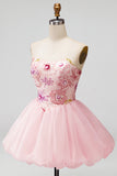 Pink A-Line Strapless Floral Sequins Short Formal Dress