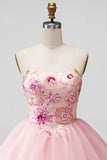 Pink A-Line Strapless Floral Sequins Short Formal Dress